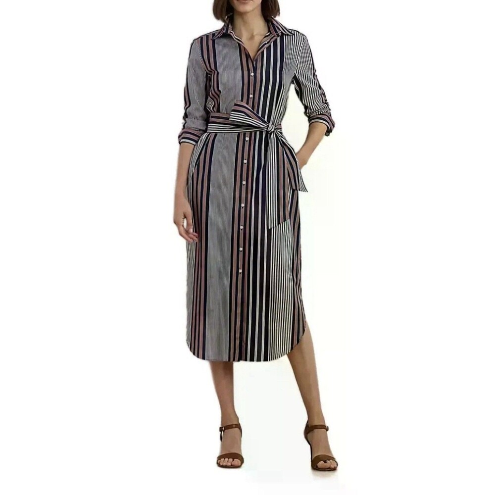 Lauren Ralph Lauren Navy Red Striped Cotton Shirtdress Black Label Size 12